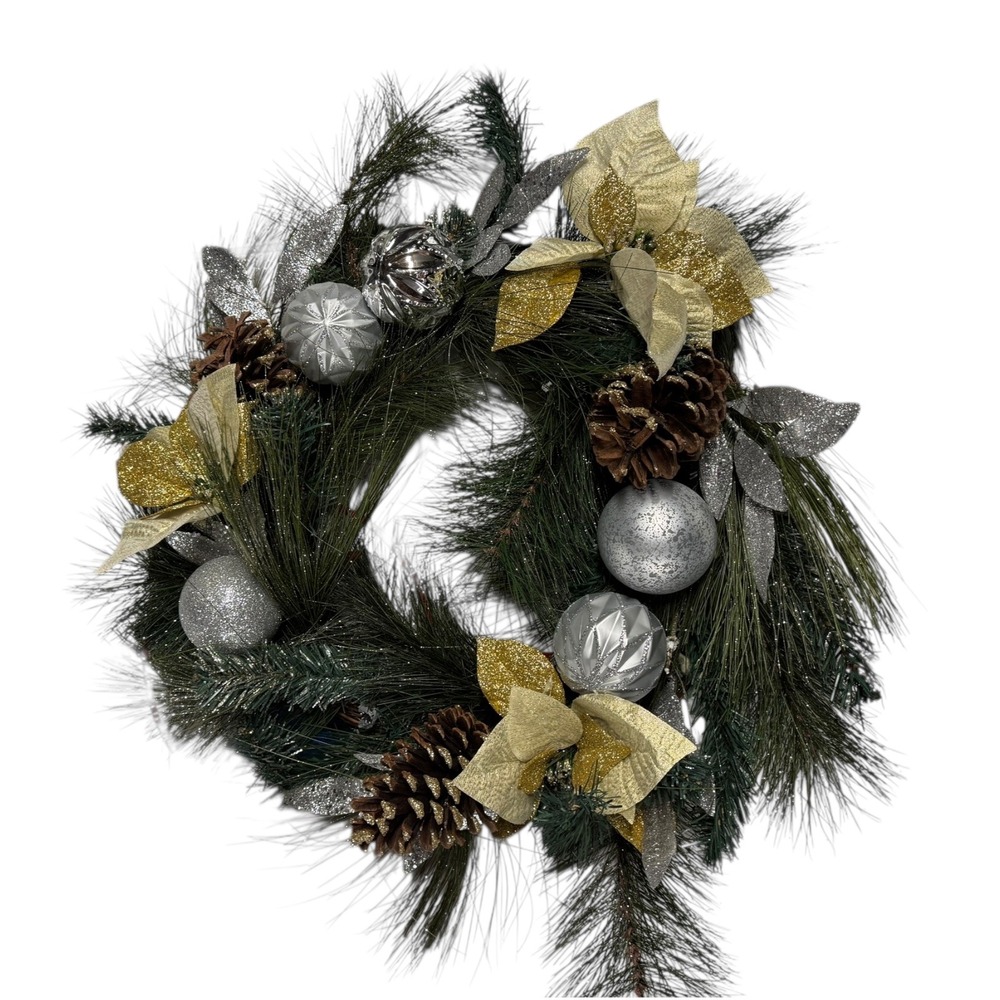 Christmas Wreath‎ Holiday Pine Cone Ornament Gold Silver Decor 15 Inch